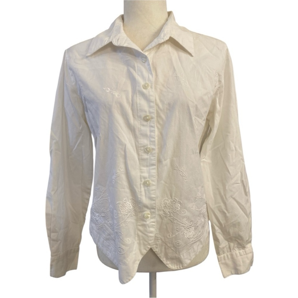Bill Blass Womens Vintage 90s White Embroidered Button Down Shirt Blouse
